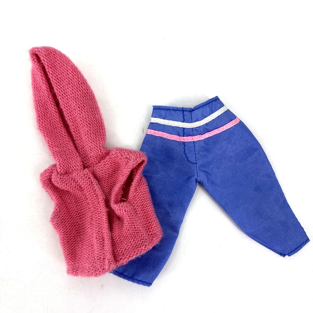 Barbie Outfit Vintage 90s Blue Capris & Pink Knit Sleeveless Hoodie Shirt OOAK